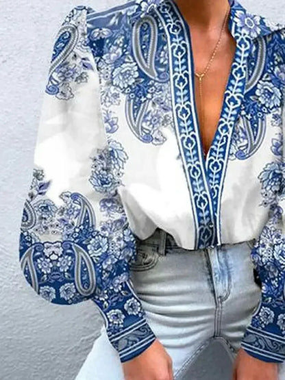Blue Floral Printed Lapel Shirts For Women Long Puff Sleeves Urban Casual Elegant Blouse