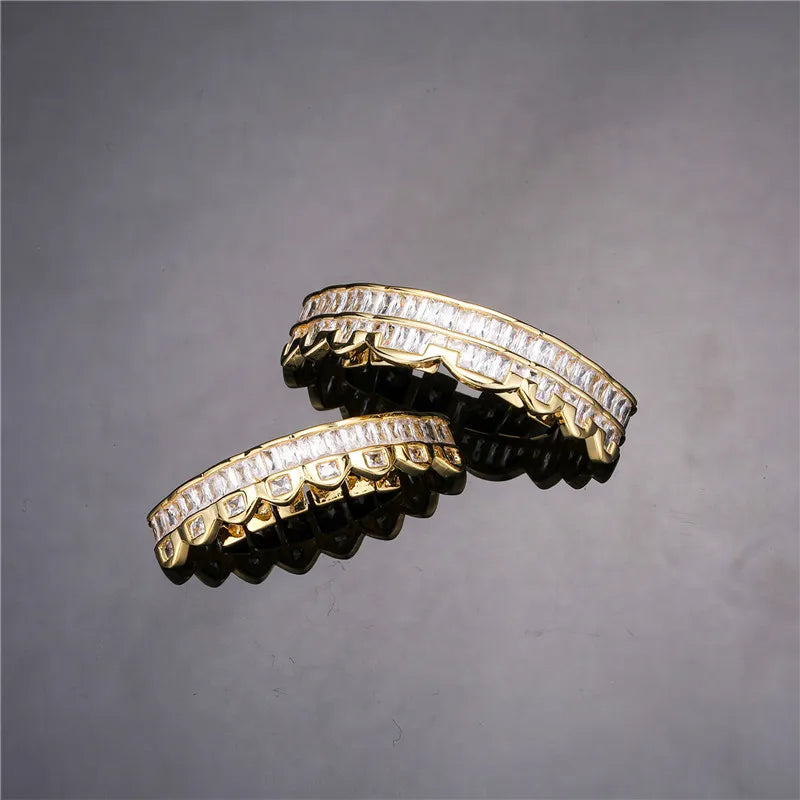Baguette Teeth Grillz Set For Unisex Top Bottom Iced Out Cubic Zircon Stone Brass Material Hip Hop