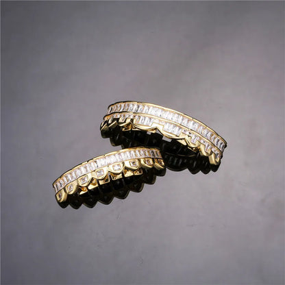 Baguette Teeth Grillz Set For Unisex Top Bottom Iced Out Cubic Zircon Stone Brass Material Hip Hop