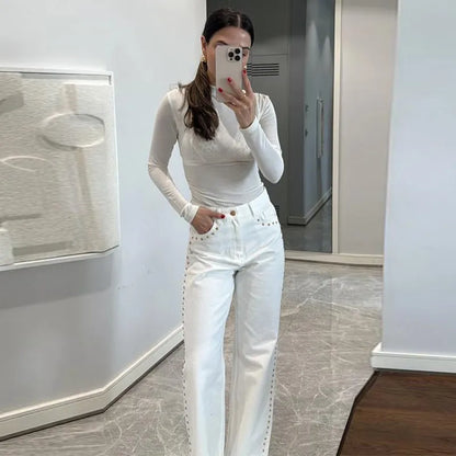 Metal Rivet Wide Leg Jeans Trousers Baggy Low Rise Pockets Denim
