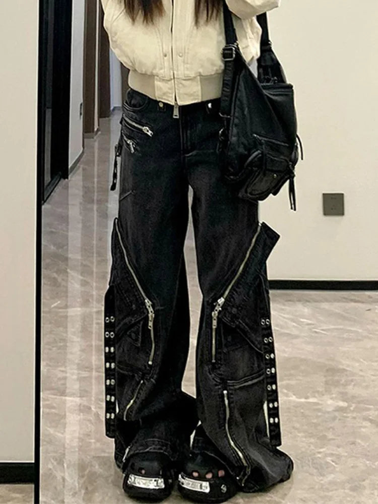 Women's Black Cargo Baggy Jeans Line Y2K American High Street Harajuku Aesthetic Vintage Design Wide Leg Jeans Trousers Clothing