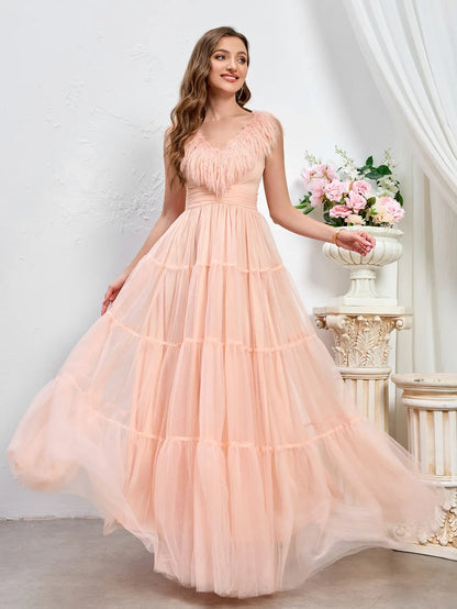 Elegant Wedding Dress Puffy Feather Sleeve Prom Dress Dusty Pink Ruched Backless Long Bridesmaids Gowns