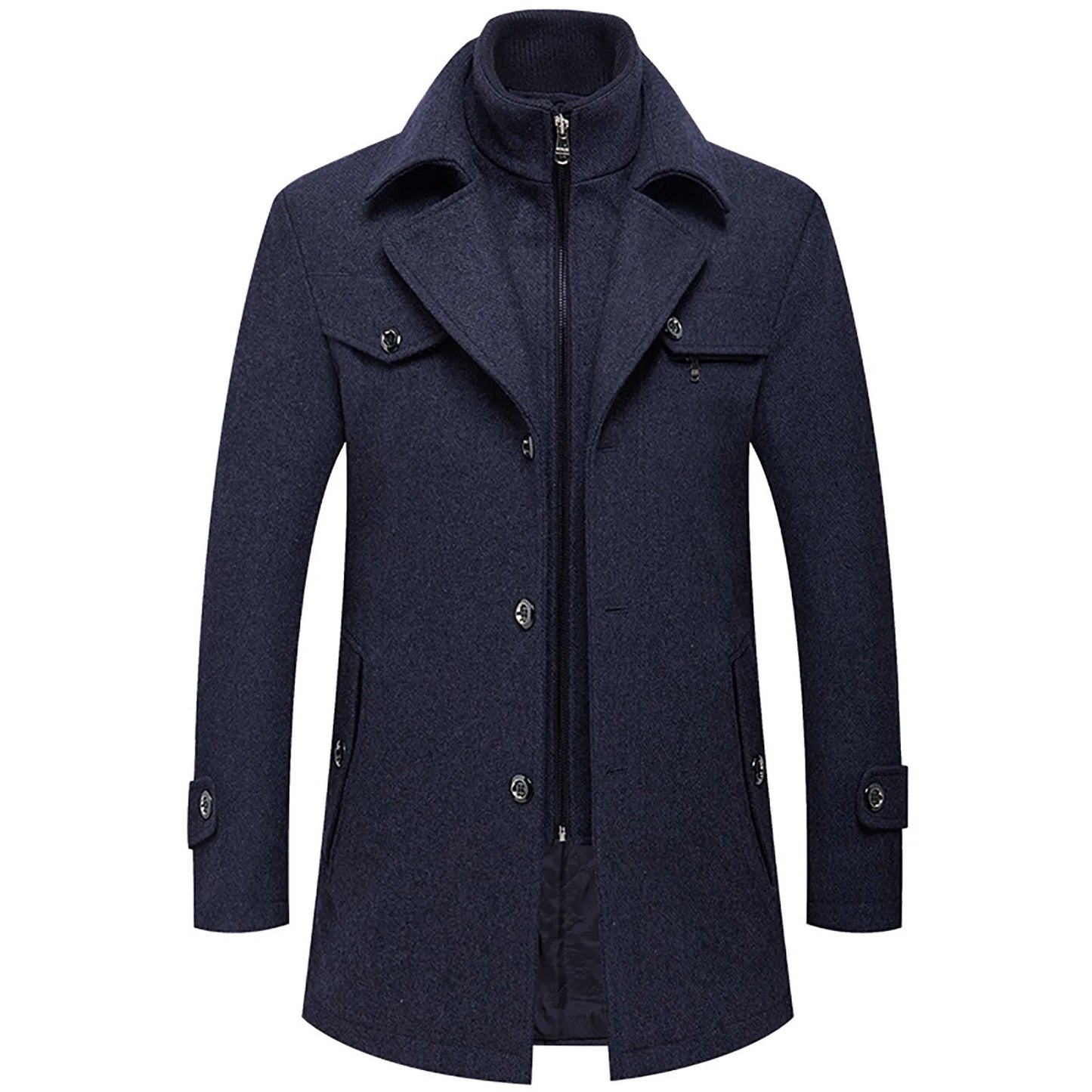 Men's Winter Woolen Overcoat Solid Color Detachable Double Collar Zipper Single-Breasted