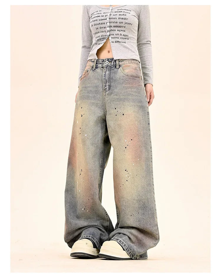 American Fashion Tie-Dye Graffiti Straight Leg Wide Jeans Straight Leg Loose Jeans Hip-hop Street Baggy Jeans