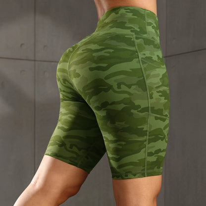 Solid Yoga Shorts with 3 Pockets High Waist Butt Lifting Elastic Cycling Shorts Activewear