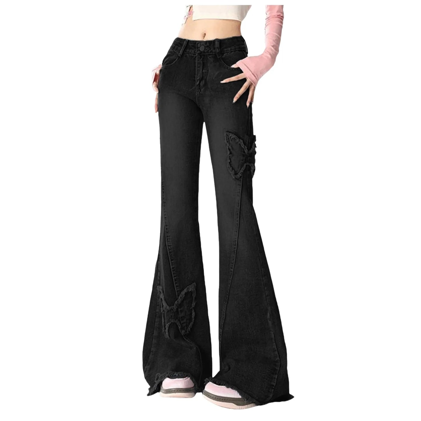 Y2k High Street Flare Jeans Retro Punk High Waist Wide Frayed Butterfly Low Rise