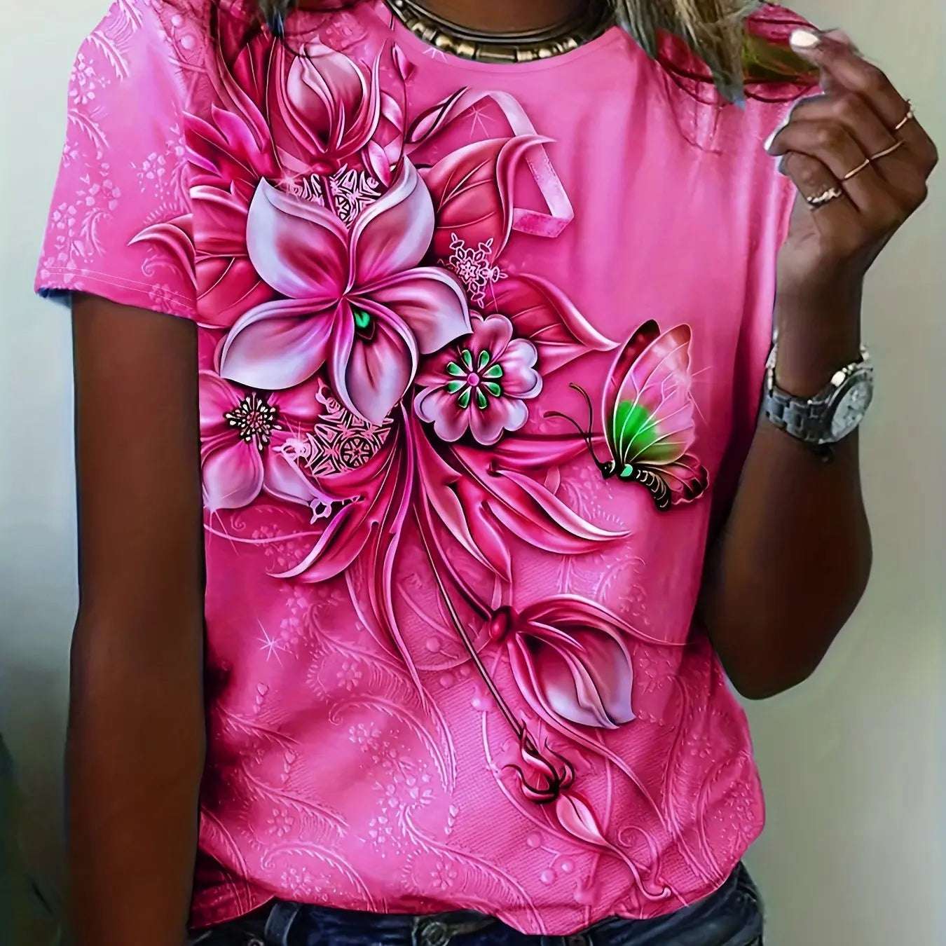 Flower Butterfly Printed Women's T-Shirt Summer NEW Oversize Short Sleeve Tee