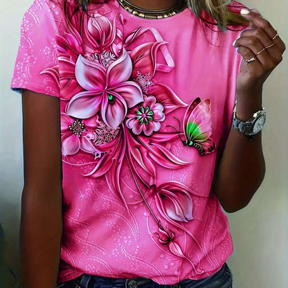 Flower Butterfly Printed Women's T-Shirt Summer NEW Oversize Short Sleeve Tee