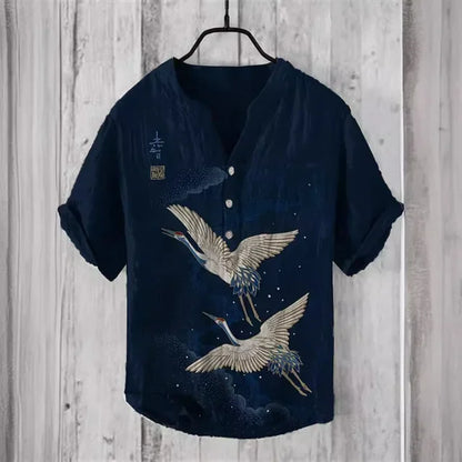 3D digital heat transfer animal landscape 3-button large size stand-up collar short-sleeved shirt
