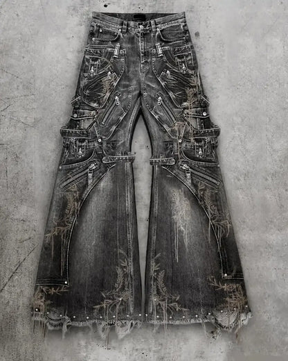 Y2K Streetwear Gothic Cargo Baggy Jeans Oversized Multi Pocket Wide Leg Pants with Zippers Straps Ripped Distressed Men Womens