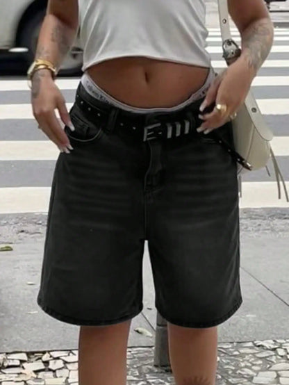 Y2K Street Vintage Washed Slant Pocket Cat Whiskered Trendy Style Wide Leg Bermuda Jeans Knee Length Denim Jorts Casual Shorts C