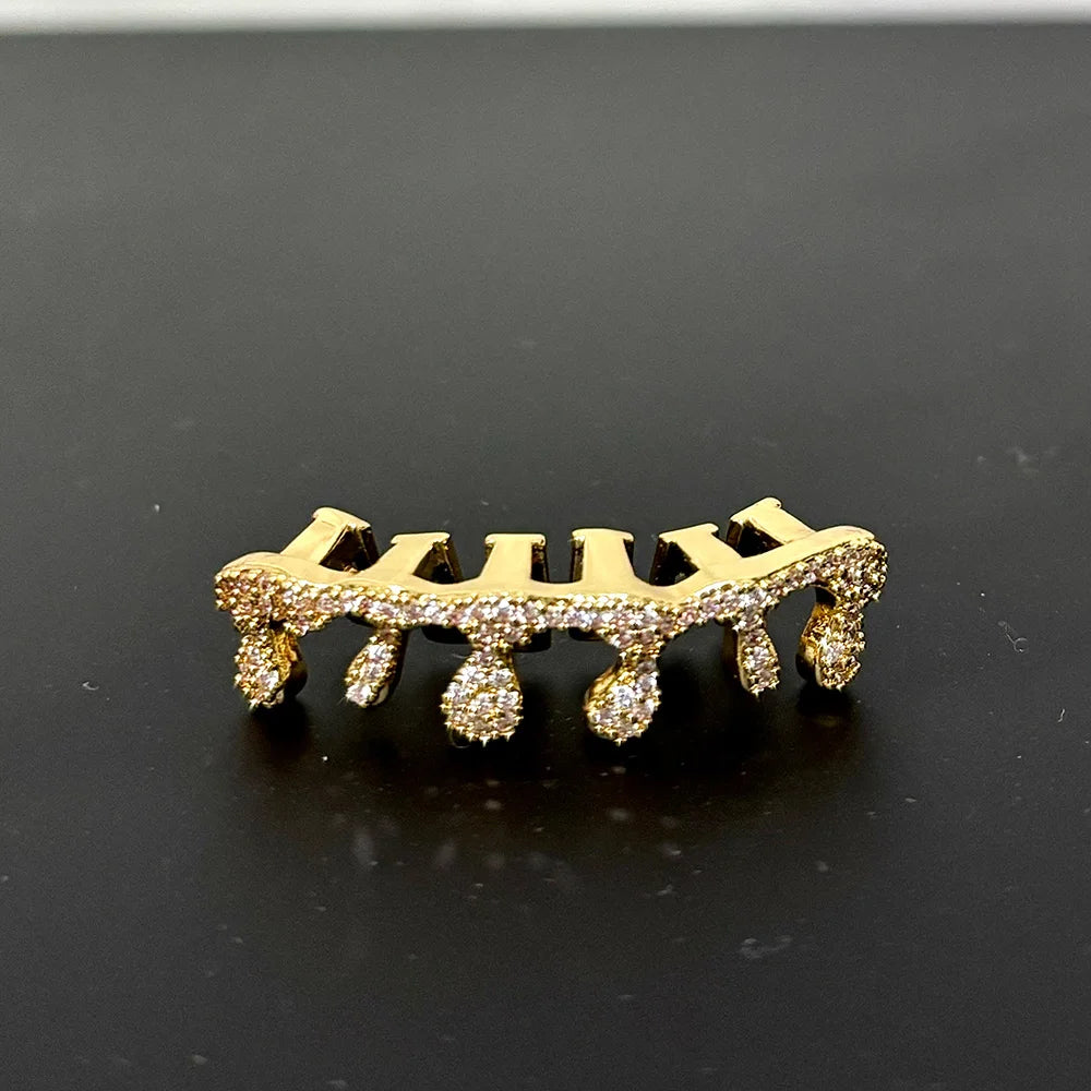 Flame CZ Stone Teeth Grillz Dental Grill 14K Gold Plated Waterdrop Zircon Tooth Cap Silver Bottom Silver Set Silver Top Silver Bottom-Silver Set-Silver Top-Gold Top-Gold Bottom-Gold Set-