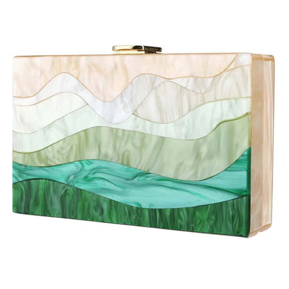 Womens Handbag Green Beige Striped Acrylic Luxury Casual Cute Box Clutch Purse
