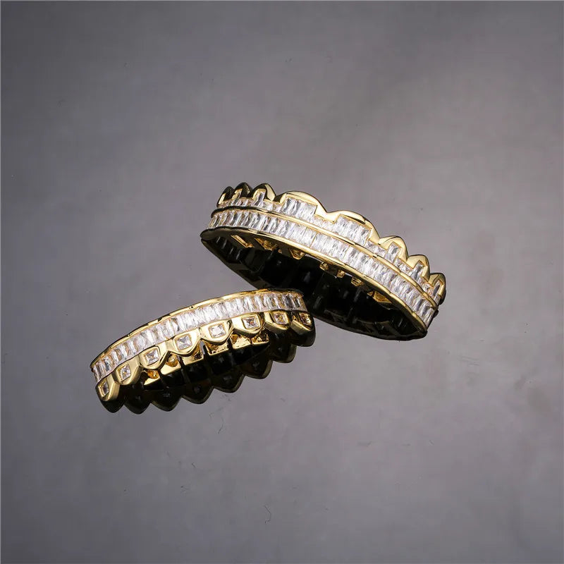Baguette Teeth Grillz Set For Unisex Top Bottom Iced Out Cubic Zircon Stone Brass Material Hip Hop