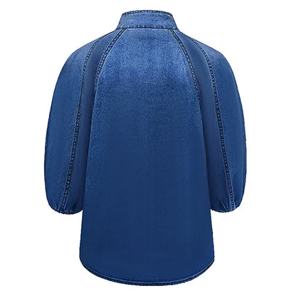 Women Denim Top Turtleneck Splice Puff Sleeve Shirts Loose Solid Pullovers Casual
