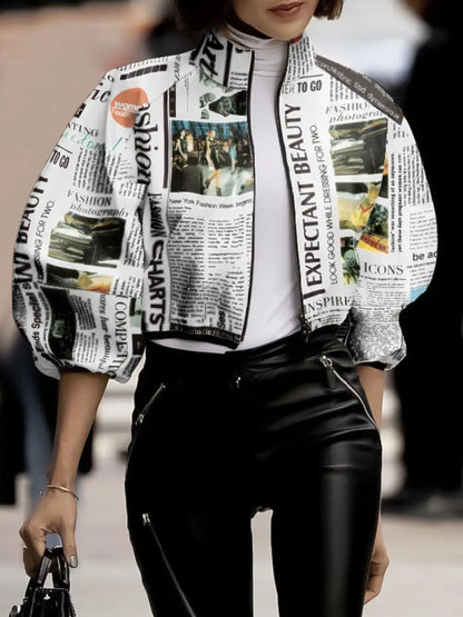 Loose Puff Sleeves Letter Print Stand Collar Jacket Causal Going Out Outerwear For Women