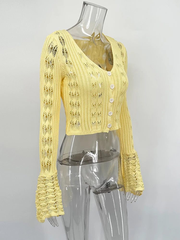 Hollow Knitted Cardigan Women's Solid Long Sleeve V Neck Short Sweater Top Female Crochet Yellow / S White / L White / M Yellow / S-White / L-White / M-White / S-Brown / L-Brown / M-Brown / S-Pink / L-Pink / M-Pink / S-Yellow / L-Yellow / M-Wine Red / L-Wine Red / M-Wine Red / S-Blue / L-Blue / M-Blue / S-