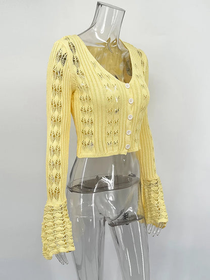 Hollow Knitted Cardigan Women's Solid Long Sleeve V Neck Short Sweater Top Female Crochet Yellow / S White / L White / M Yellow / S-White / L-White / M-White / S-Brown / L-Brown / M-Brown / S-Pink / L-Pink / M-Pink / S-Yellow / L-Yellow / M-Wine Red / L-Wine Red / M-Wine Red / S-Blue / L-Blue / M-Blue / S-