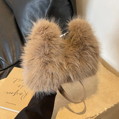 Women Faux Fur Shoulder Bag Adjustable Strap Fluffy Crossbody Bag Solid Color Clutch Purse Hobo Bag for Travel Party