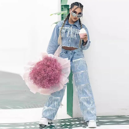 Sparkling Fringes Embellished Wide Leg Jeans Women Trendy Silver Tassel Denim Pants