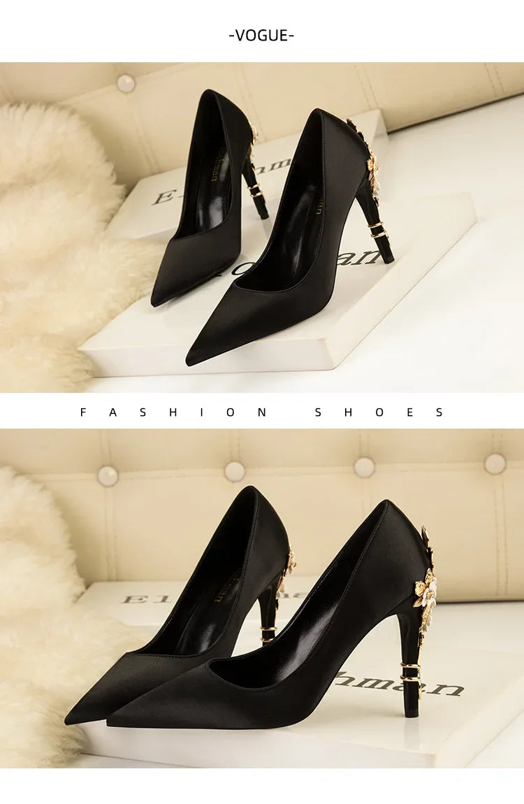 Women's Metal Flowers Stiletto High-heel Shoes Female  Light Luxury Wedding Shoes Pointed Toe
