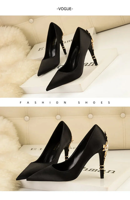 Women's Metal Flowers Stiletto High-heel Shoes Female  Light Luxury Wedding Shoes Pointed Toe