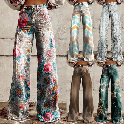 Womens Wide Leg Jeans High Waisted Casual Denim Floral Printed Trousers Women Jean Baggy