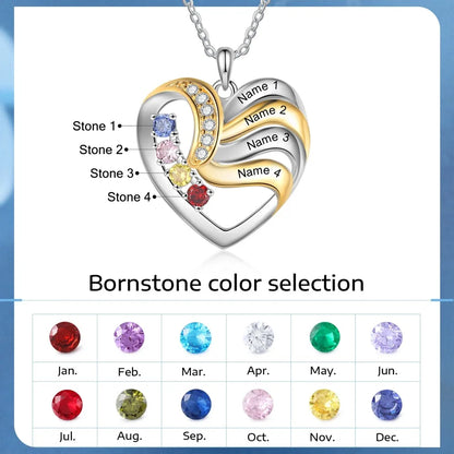 Personalized Love Heart Pendants Necklace 1-5 Kids Names Birthstone Mothers Day