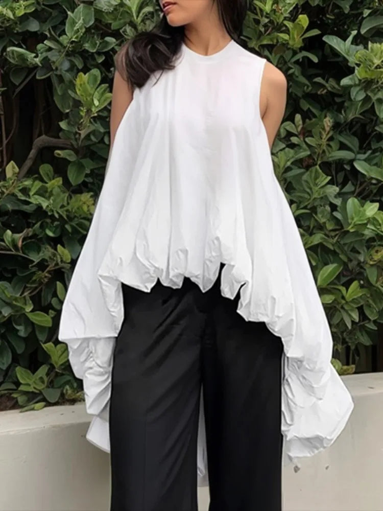 Women's High-Low Loose Pleated Round-Neck Vest Tops Sleeveless Casual Simple White Cotton T-shirts