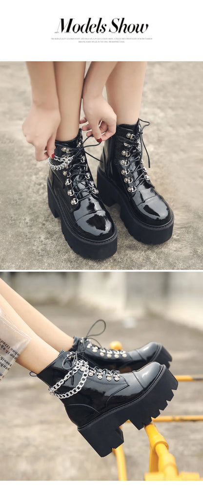 Gothic Black Boots for Women Chain Chunky Heel Platform Ankle Boots Zipper