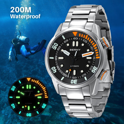 Automatic Dive Watch for Men Super Luminous Original Design 20 ATM Diver Wristwatch Sapphire