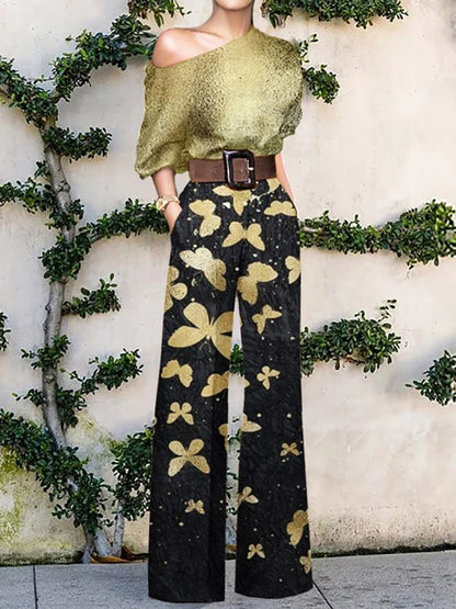 Elegant Pattern Print Party Jumpsuit Off Shoulder Wide Leg Pant Playsuit