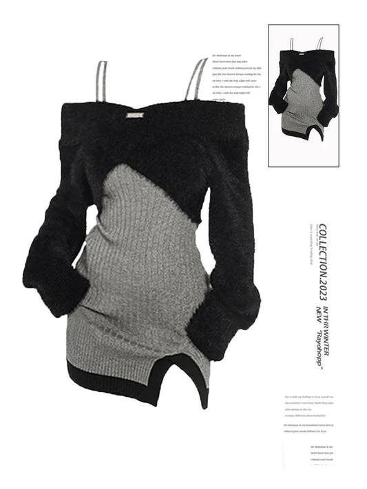 Women's Dress Sets Vintage Black Long Sleeve Crop Top with Grey Mini Dress Y2k Elegant 2000s Clothes Two Piece Suit Summer 2024