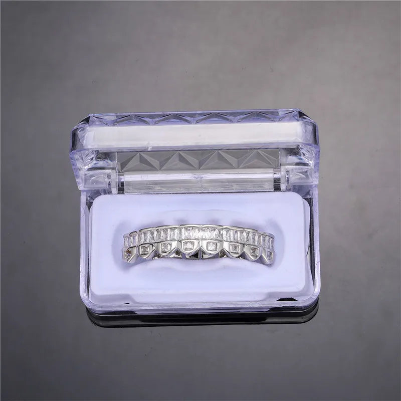 Baguette Teeth Grillz Set For Unisex Top Bottom Iced Out Cubic Zircon Stone Brass Material Hip Hop