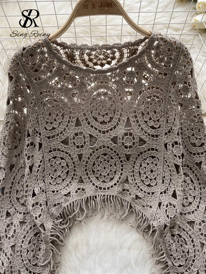 Casual Loose Knitting Top O Neck Hook Flower Hollow Long Sleeved Tassel Design Fashion French Vintage Blouse