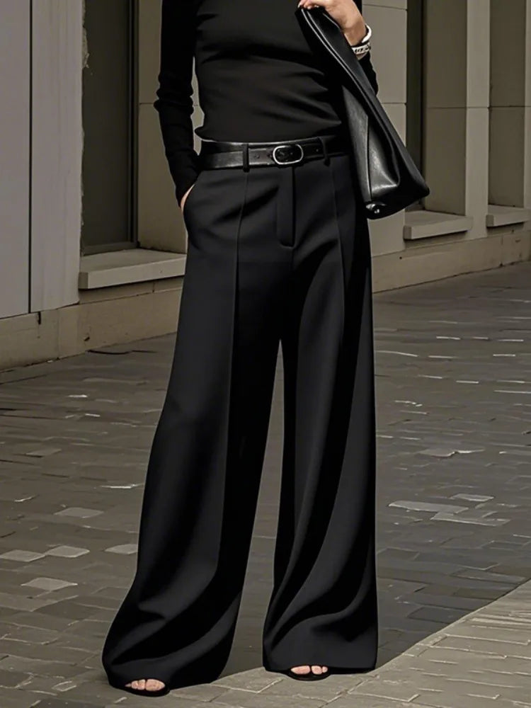 Black White Solid Color Wide Leg Pants Elastic High Waist Simple Trousers No Belt