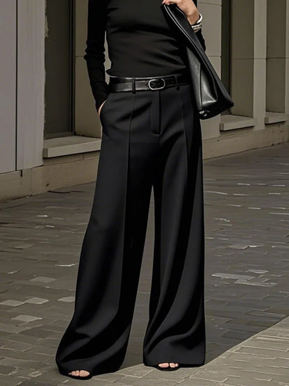 Black White Solid Color Wide Leg Pants Elastic High Waist Simple Trousers No Belt