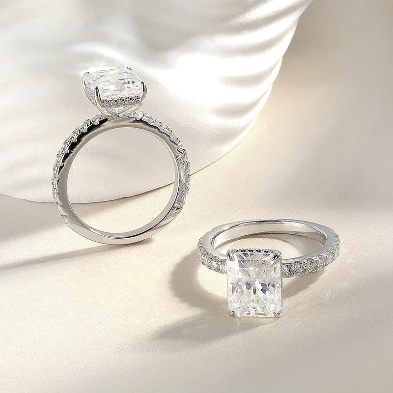 BXINY 4CT Emerald/Radiant Cut Full Moissanite Rings S925 Silver for Women Rectangle Diamond Wedding Bands Gifts Jewelry With GRA