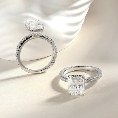 BXINY 4CT Emerald/Radiant Cut Full Moissanite Rings S925 Silver for Women Rectangle Diamond Wedding Bands Gifts Jewelry With GRA