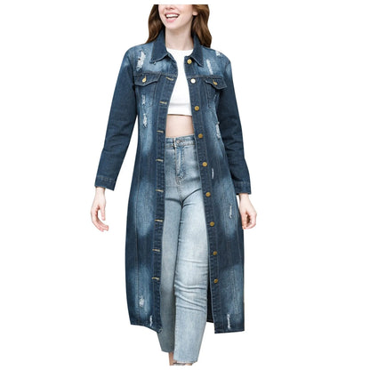 Ripped Holes Maxi Long Denim Jacket Trench Coat Plus Size Casual Denim Jacket