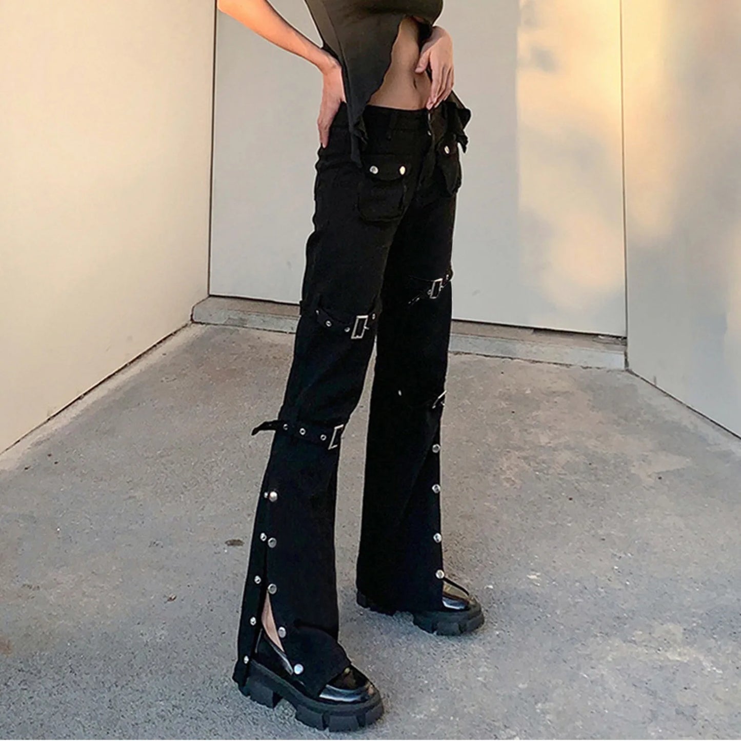 Gothic Metal Button Bandage Trousers Wide Straight Leg Black Punk Cargo Jean Baggy Pants