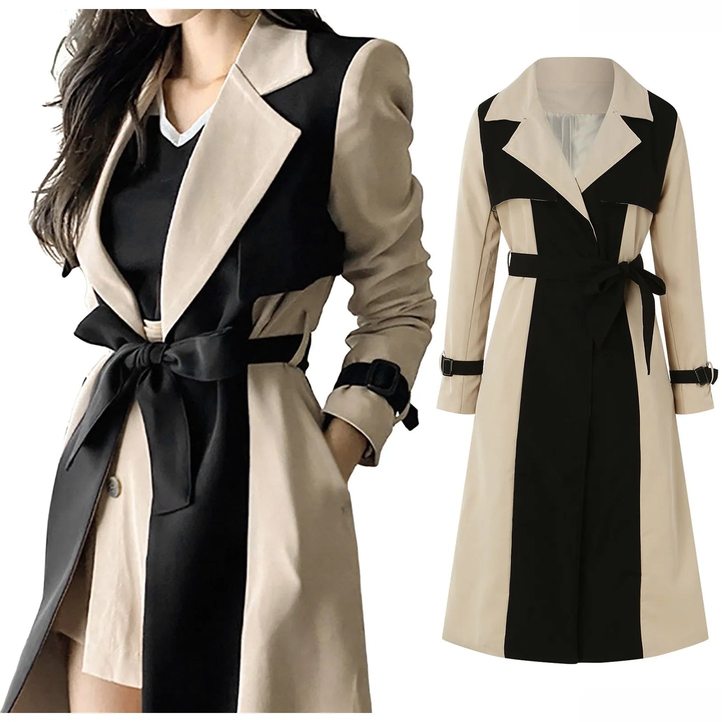 Elegant Long Jacket Women Retro Formal Black Khaki Contrast Notched Collar Windbreaker Coat