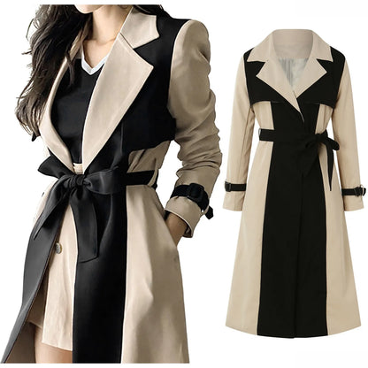 Elegant Long Jacket Women Retro Formal Black Khaki Contrast Notched Collar Windbreaker Coat