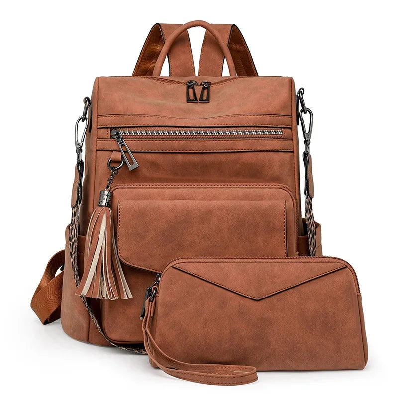 Backpack for Women Large Womens Backpack Leather Purse Designer Ladies Shoulder Bags with Tassel Two-toned Brown