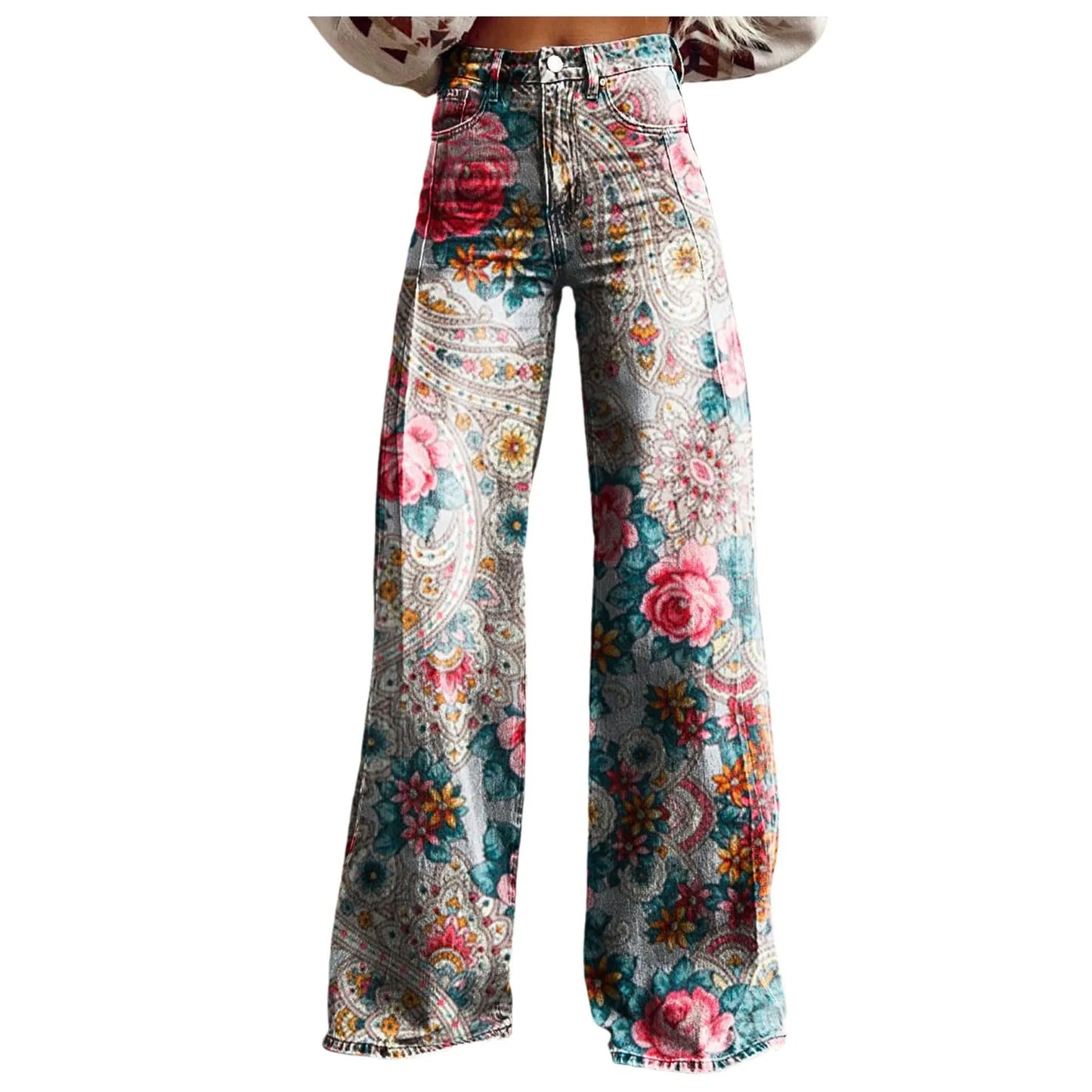 Womens Wide Leg Jeans High Waisted Casual Denim Floral Printed Trousers Women Jean Baggy