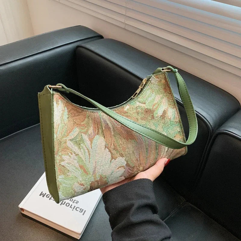 Women's Underarm Bags Autumn 2023 Trendy New Oil Painting Shoulder Bag Cute Simple Handbags and Purses Female Travel Small Totes