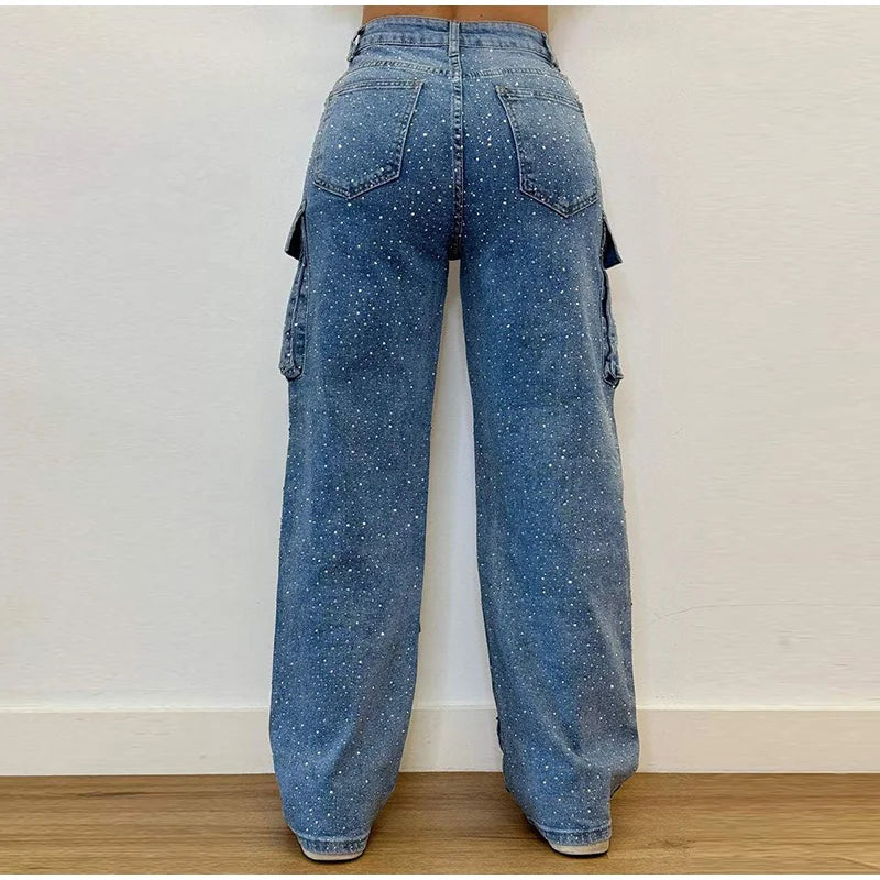 High Waist Cargo Denim Jeans With Full Rhinestones Sparkling Casual Baggy Pants Streetwear Chic Daily Trousers