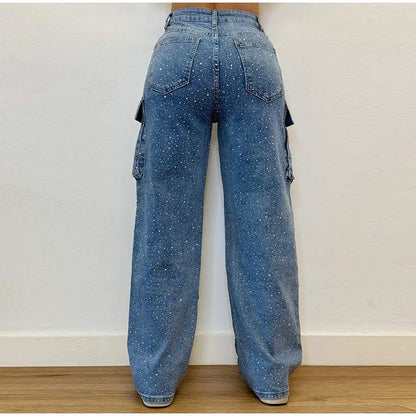 High Waist Cargo Denim Jeans With Full Rhinestones Sparkling Casual Baggy Pants Streetwear Chic Daily Trousers