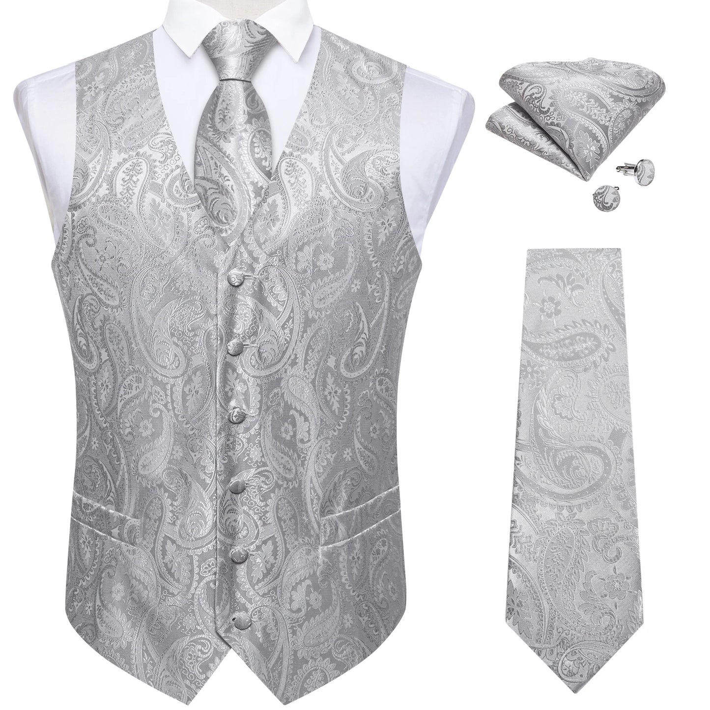 Luxury Paisley Men's Suit Vest Black Pink Red Wedding Prom Tuxedo Waistcoat Necktie Handkerchief Cufflink Sleeveless Jacket Vest