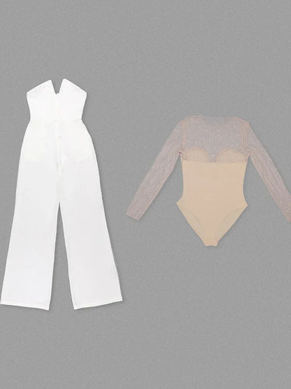 Mesh Pearl Beaded Bodysuits+Strapless Jumpsuit Two piece Sets Women White Jumpsuit Suits Evening
